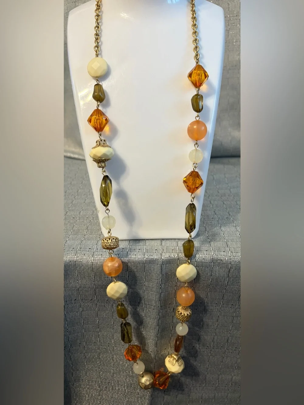 Elegant Multi-Bead Women’s Necklace in Amber, Olive and Cream